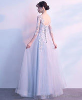 Gray Round Neck Tulle Lace Applique Long Prom Dress Gray Evening Dress